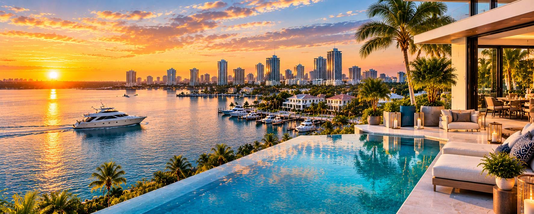 Tampa Bay waterfront at sunset seen from a luxury home with an infinity pool, yachts and the city skyline