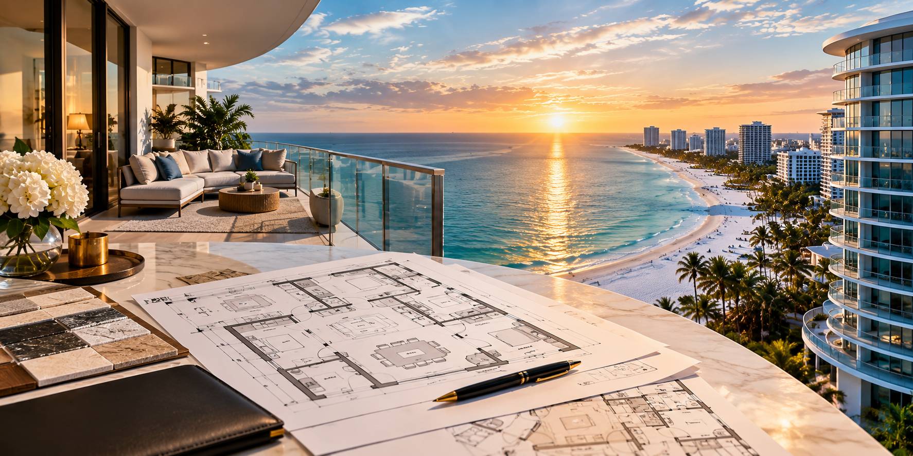Luxury condo balcony at sunset with architectural floor plans on a marble table overlooking Clearwater Beach