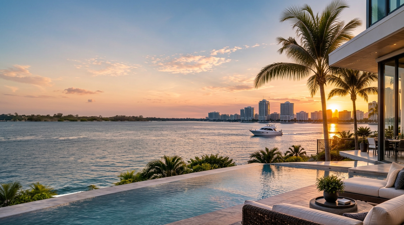 Luxury Florida waterfront home at sunset with infinity pool and yacht