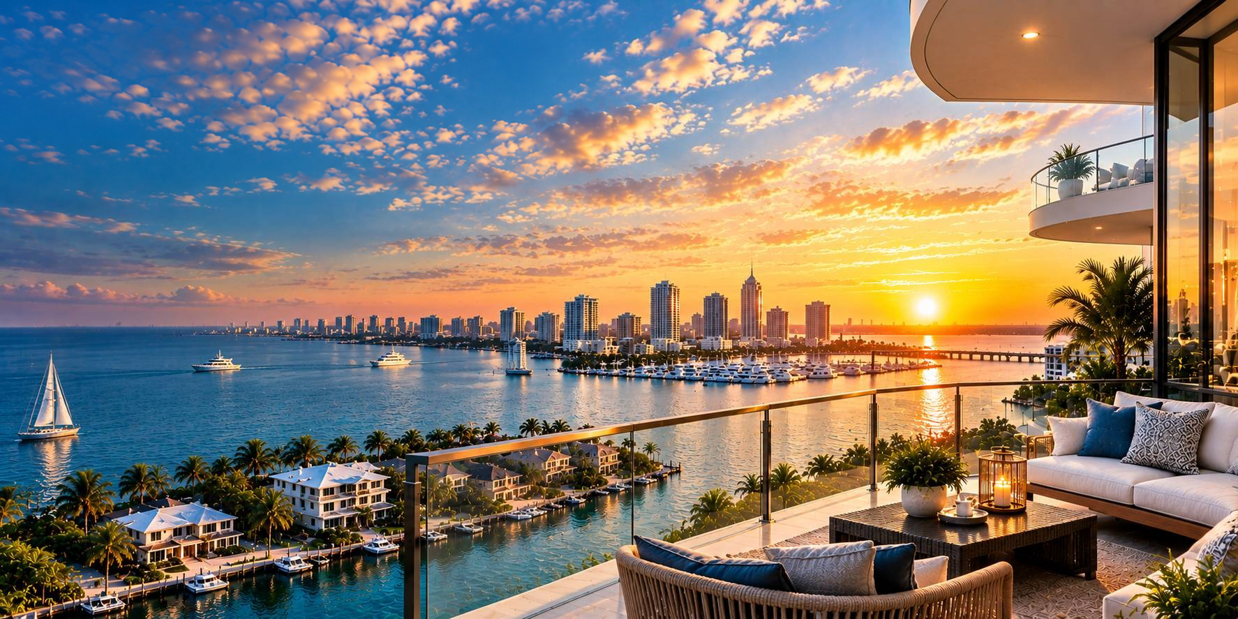 St. Petersburg skyline at sunset seen from a luxury balcony with yachts in the marina